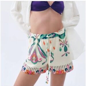 Zara Linen Blend Boho Print Shorts in Multicolor Size: S| Summer Boho